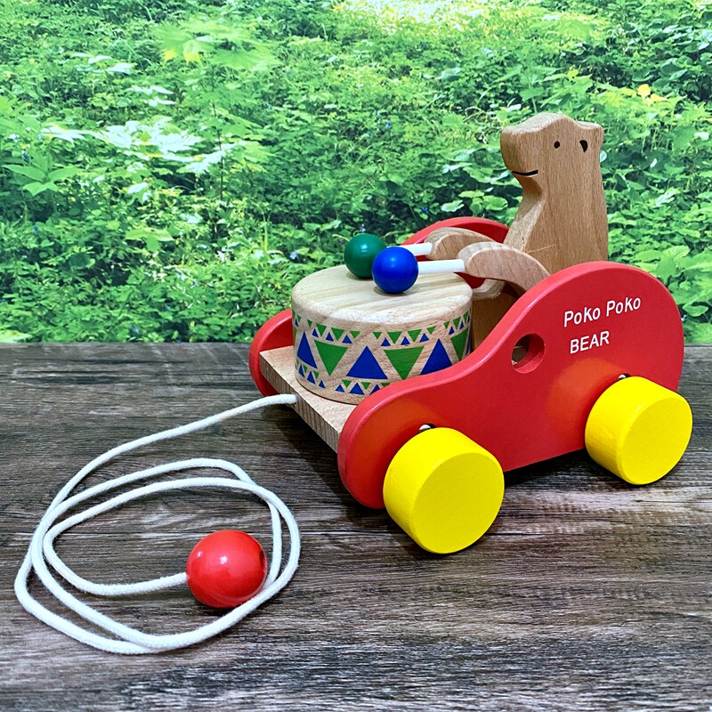 Japanese brand beech bear drum pull cart toddler wooden toy