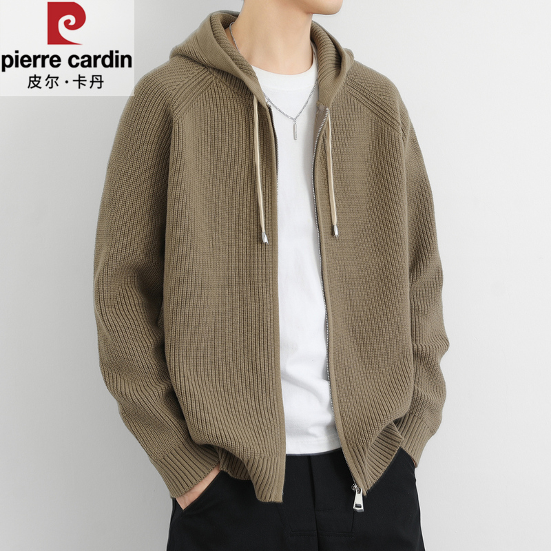 Pierre Cardin Hooded Knit Sweater Jacket for Men, Autumn and Winter Pure Cotton Cardigan Sweater, High-End Casual Jacket, Trendy