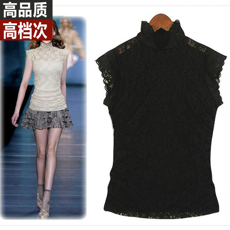 20 Spring/Summer Stand-Up Collar Lace Base Shirt Short-Sleeved Plus Size Women's T-Shirt Sleeveless Mesh Top with Cotton Camisole - Two-Piece Set