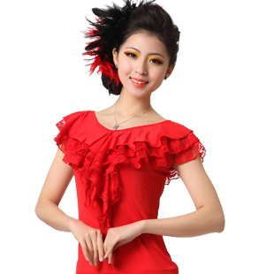 New modern dance top practice suit Lace collar short sleeve top square dance suit National standard dance