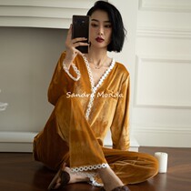 Sandro Modda extras in pyjamas womens net red gold velvet V collar nail beads decorate the thick home suit suit
