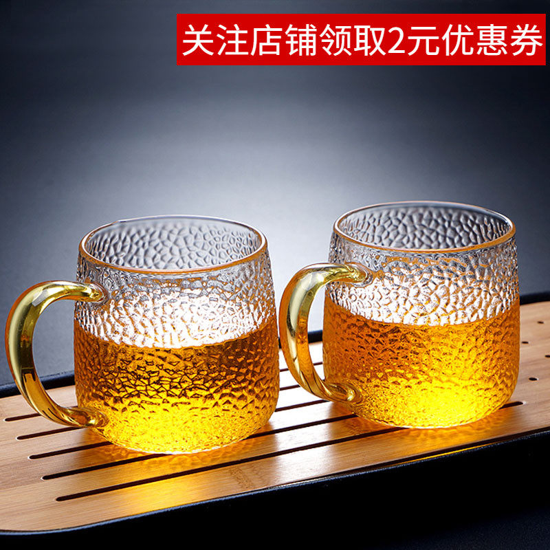 Japanese high temperature resistant glass hammer pattern household water cup Men's and women's flower tea cup with handle Milk cup Drink cup Coffee cup