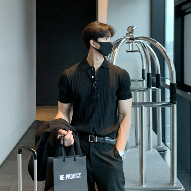 Bishe Summer Knitted Polo Shirt Men's Short-Sleeved Top Lapel T-Shirt Korean Style Pullover T-Shirt Casual Simple Black Sweater