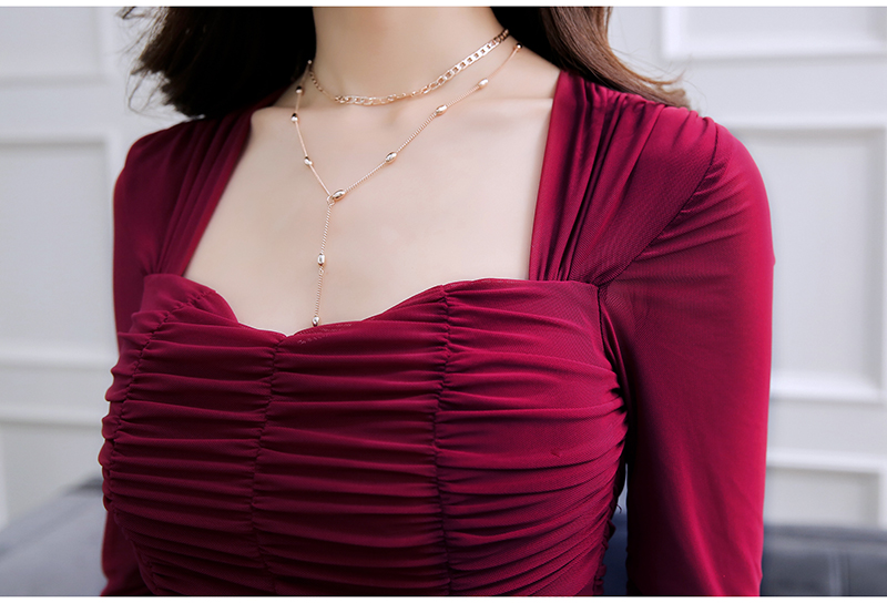 DABI 韓國風名媛夜店性感褶皺修身顯瘦禮服長袖洋裝