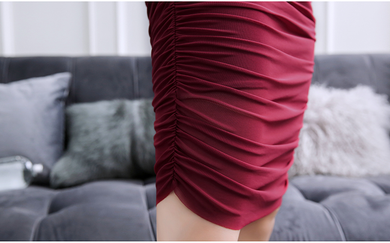 DABI 韓國風名媛夜店性感褶皺修身顯瘦禮服長袖洋裝