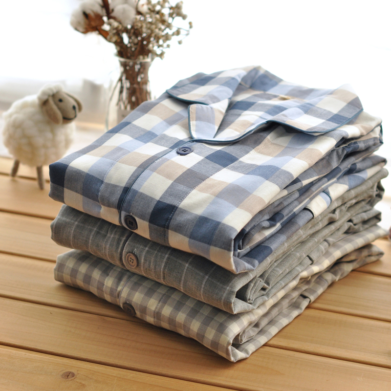 Japanese-Style Practical Double-Pocket Soft Pure Cotton Double Yarn Men's Spring and Summer Long-Sleeve Pajamas and Sleep Pants, Available in Plus Sizes