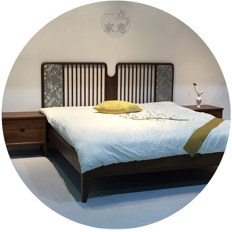 New Chinese style Zen ash wood bed retro Chinese style printing villa high-end apartment hotel customization