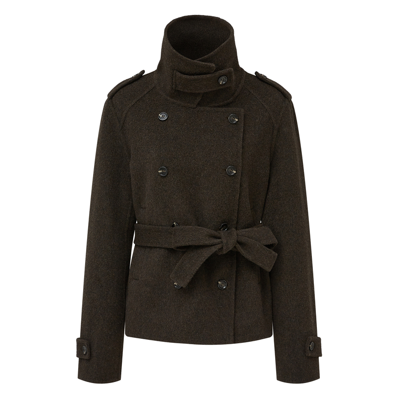 Antiatag Stand Collar Double-Breasted Cool-Toned Brown-Green Wool Blend Double-Sided Woolen Coat