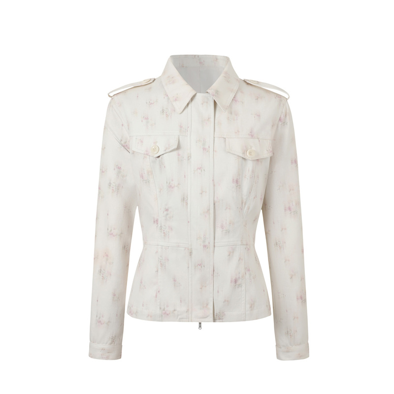 Antiatag Right-Shoulder X-Shaped Full-Print Floral Design Waist-Cinching Jacket
