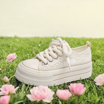 Canvas shoes for women 2024 summer new style breathable mesh lace thick sole heightening white shoes female students flat sneakers