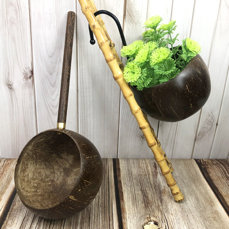 Wooden long-handled tea spoon coconut shell wine raisin water spoon divides tea spoon watering flowers water scoop wine spoon device natural retro wine maker