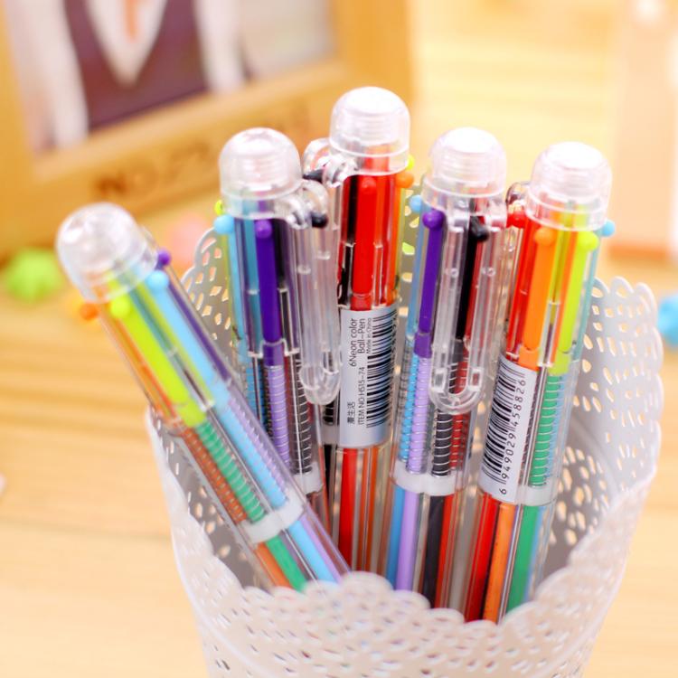 Transparent pole 6 color colored ballpoint pen minimalist creative multicolored press-pen multifunction business office stationery supplies