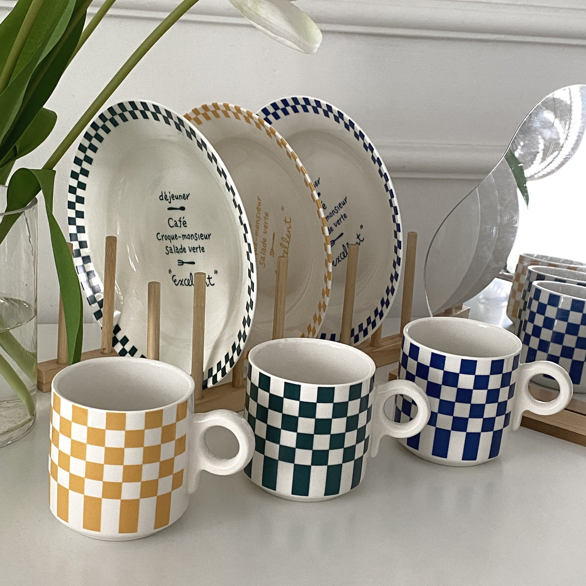 ins Korean wind net red chessboard lattice plate ceramic Mark cup home plate Creative Lattice plate Plaid tray