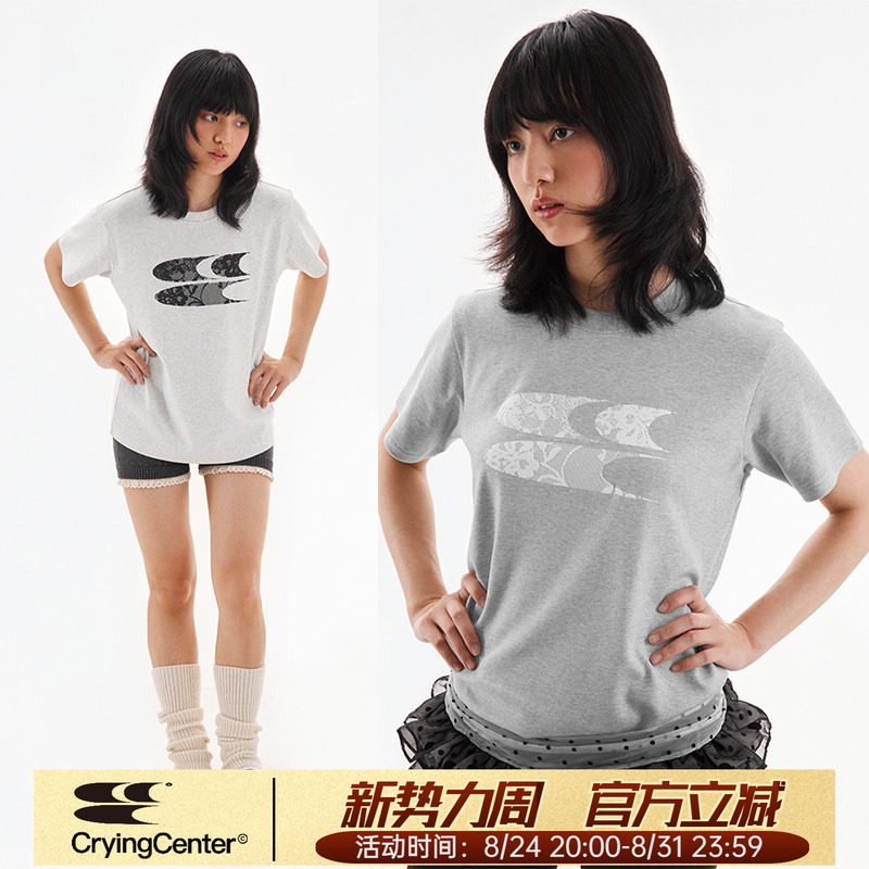 Cryingcenter Lace Logo Regular Shoulder Round Neck Loose T-Shirt Crying Center