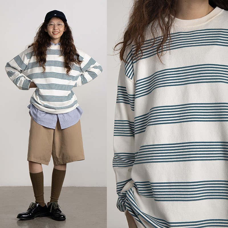 (Exclusive to WOO) CryingCenter Japanese Navy striped juvenile sense long-sleeved TEE Cry Center