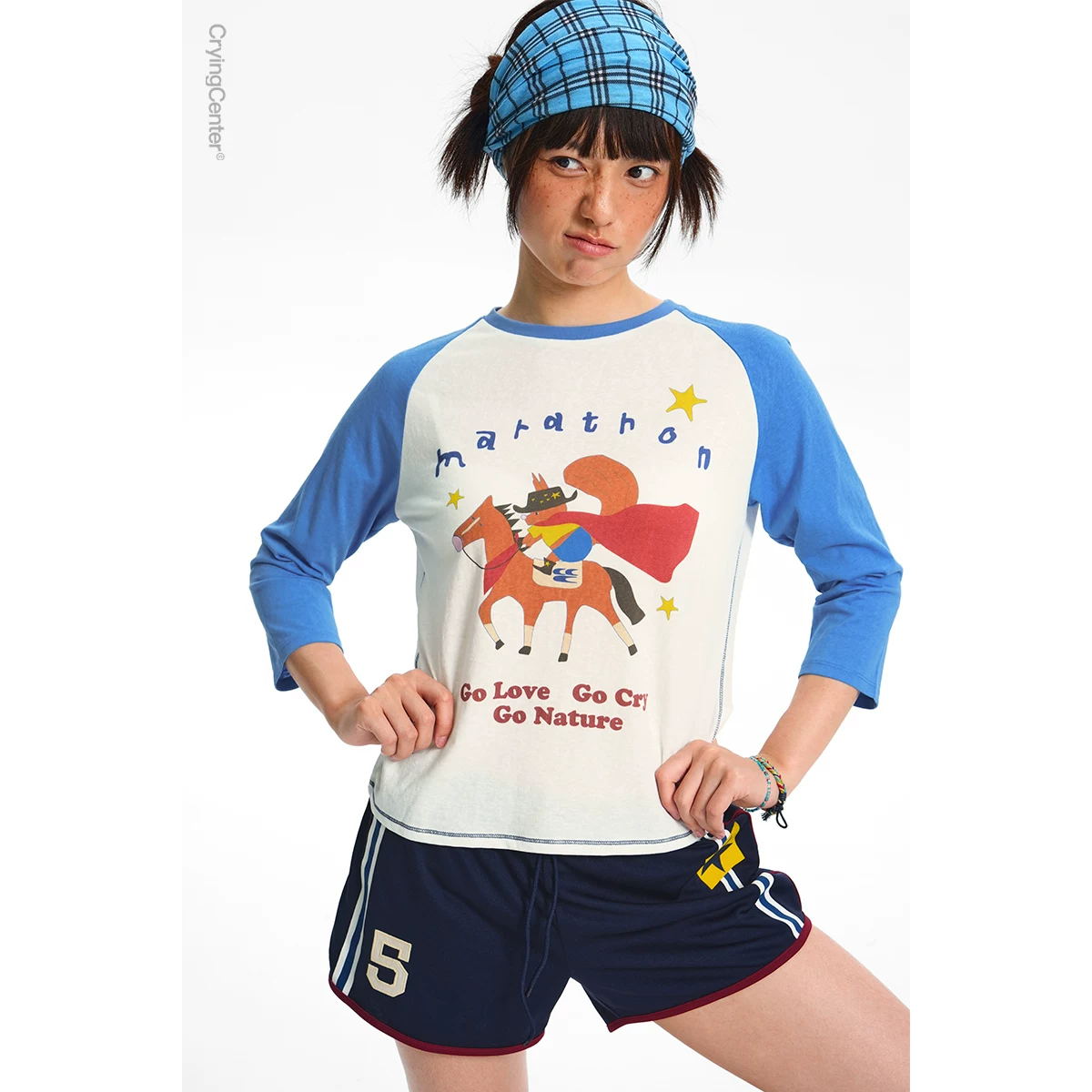 CryingCenter Western marathon fun retro print soft snowflake cotton contrasting inserts 7-quarter sleeves