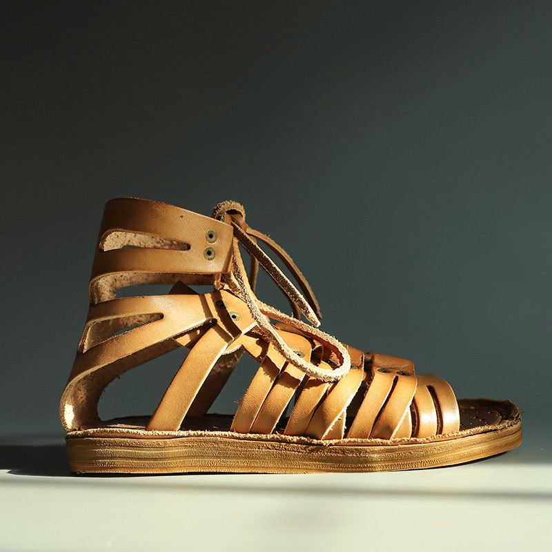 Original handmade first layer cowhide retro high tube men's Roman sandals summer neutral flat woven sandals men's trend - Taobao