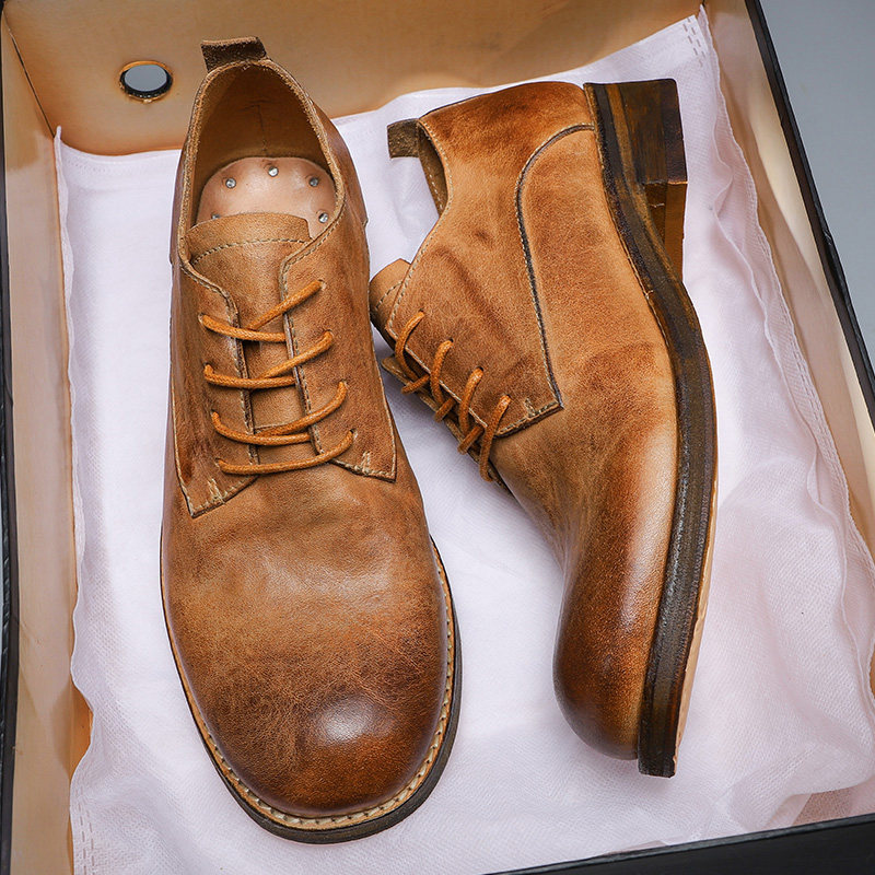 Original handmade Goodyear leather shoes leather lace-up round toe retro color rubbed old and heightened casual big-toed leather shoes for men