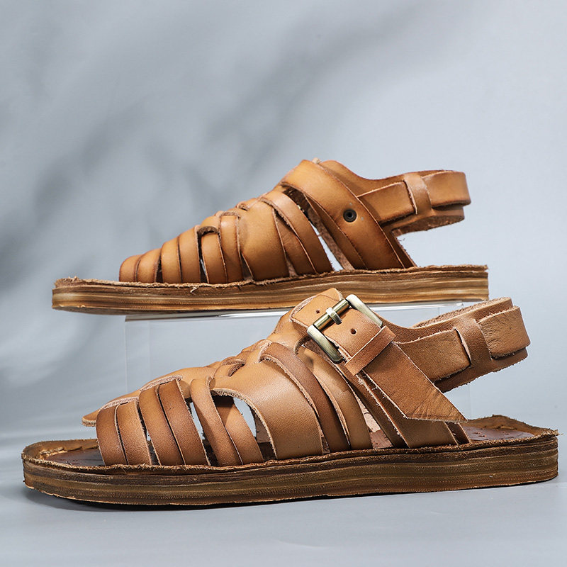 Original handmade leather British retro men's Roman sandals trendy summer flat with comfortable breathable beach shoes women