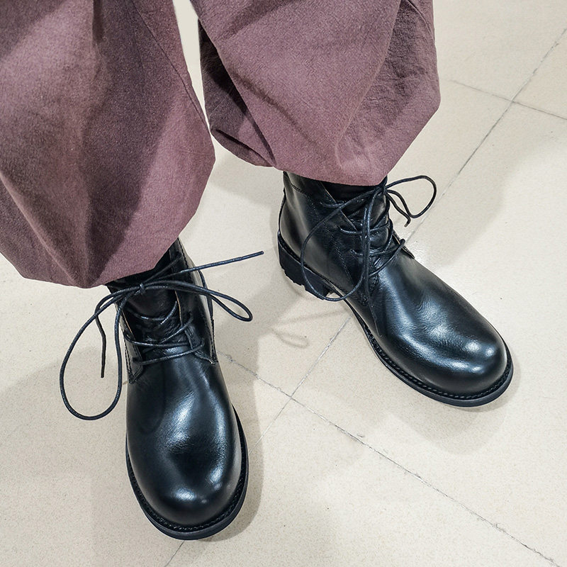 Goodyear handmade retro top layer leather Martin boots autumn trendy men's boots mid-tube handsome cool motorcycle tooling boots