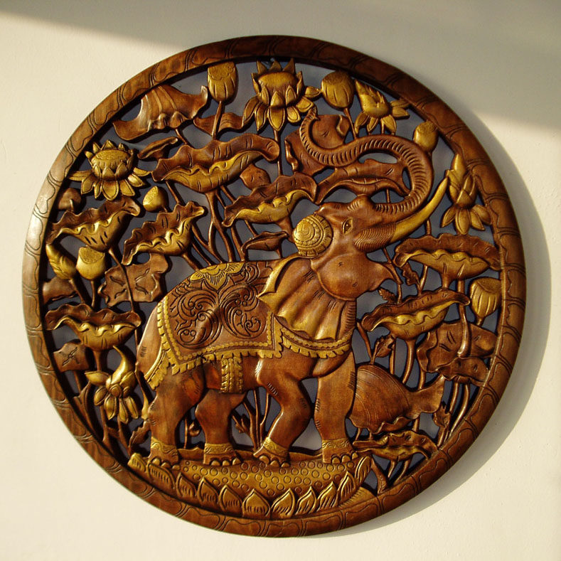 Hot-selling Thai wood carving happy baby elephant carving flower board Southeast Asian style wall hanging process