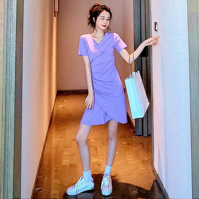 Váy cổ chữ V giảm béo cho phụ nữ 2020 mới hè khí chất nữ thần quạt ngắn tay áo thun - Váy eo cao