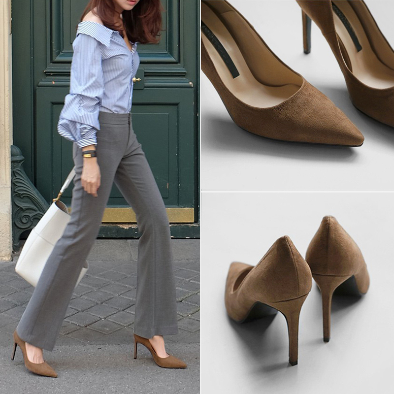 Brown High-Heeled Shoes for Women, Street Style, New Autumn Model, Stiletto Pointed Toe Pumps, Shallow Black Suede Professional Office Work Shoes
