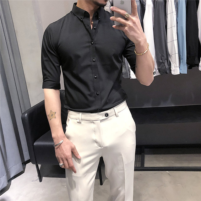 2023 Summer British Iron-Free 6-Color Solid Color Mid-Sleeve Shirt Men's Fashion Casual Five-Sleeve Men's Short-Sleeve Shirt