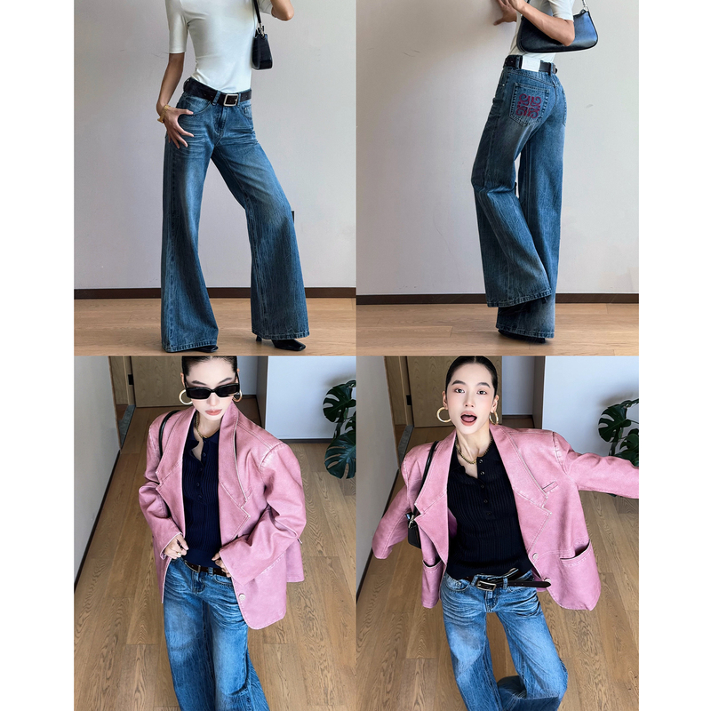 Cizzlemore【Supermodel】Heavy-Duty Vintage Washed Blue Low-Rise Loose Flared Jeans