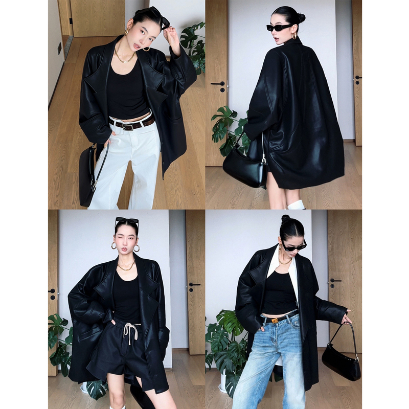 Cizzlemore【Past of the North City】Leather Coat, High-End French Style, Dropped Shoulders, Batwing Sleeves, Lazy Silhouette Jacket for Women