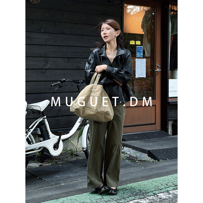 [Tang Youyou] Vintage Oil Wax Protein Leather Jacket for Women, Early Autumn Flexible Stand Collar Loose Jacket