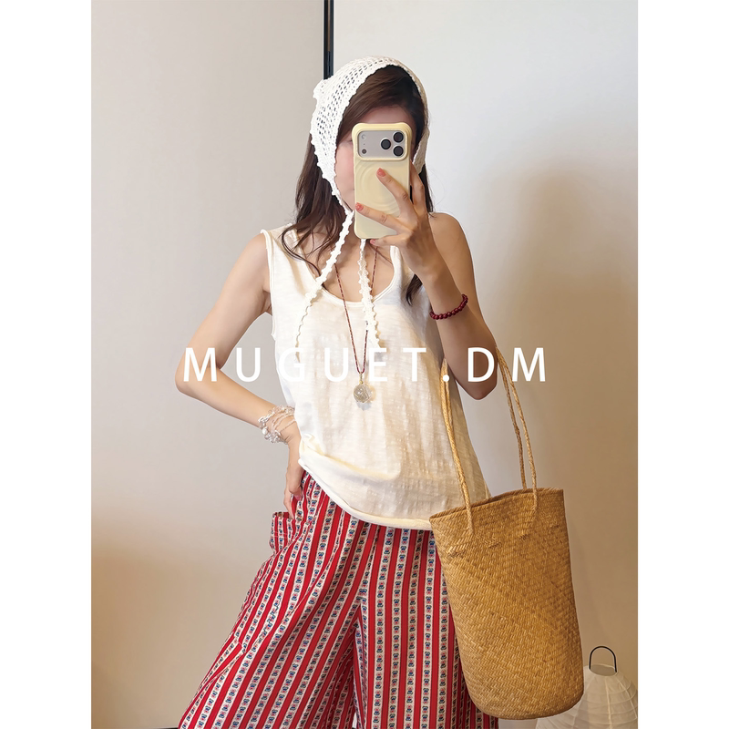[Tang Youyou] Korean Pure Cotton Bamboo Knit Ultra-Soft Summer Loose Versatile Natural Rolled-Edge Tank Top for Women