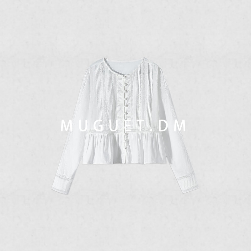[Tang Youyou] 80-Count 100% Cotton Heavy-Duty Tuck Pleat Long-Sleeve Shirt for Women, Early Autumn Lace Splicing White Top