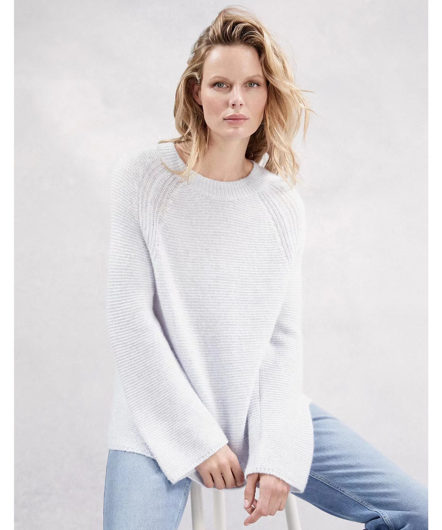 White Label with alpaca wool rounded collar gentle light blue lace with wide cufflink minimalist loose sweater knitted sweatshirt