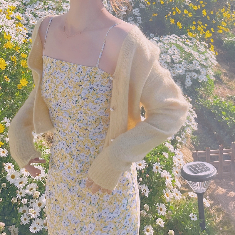 PinkstarShop spring new long-sleeved heart-warming sweet love button light yellow knitted cardigan jacket women