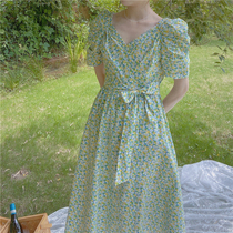 Mint Green Fairy Skirt Retro Piece strap Blister Green style Short sleeves Chopped Flowers and dresses Dress