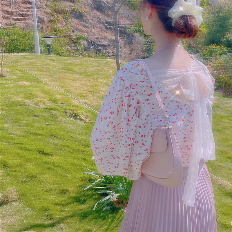 PinkstarShop autumn new bandage bow exquisite pearl chiffon shirt pattern long-sleeved sweet shirt