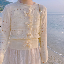 Pinkstarshop Loves Gift Hollowed-out Long Sleeve Round Neckline Butterfly Knot Apricot White Dress Light Knit Cardiovert Woman