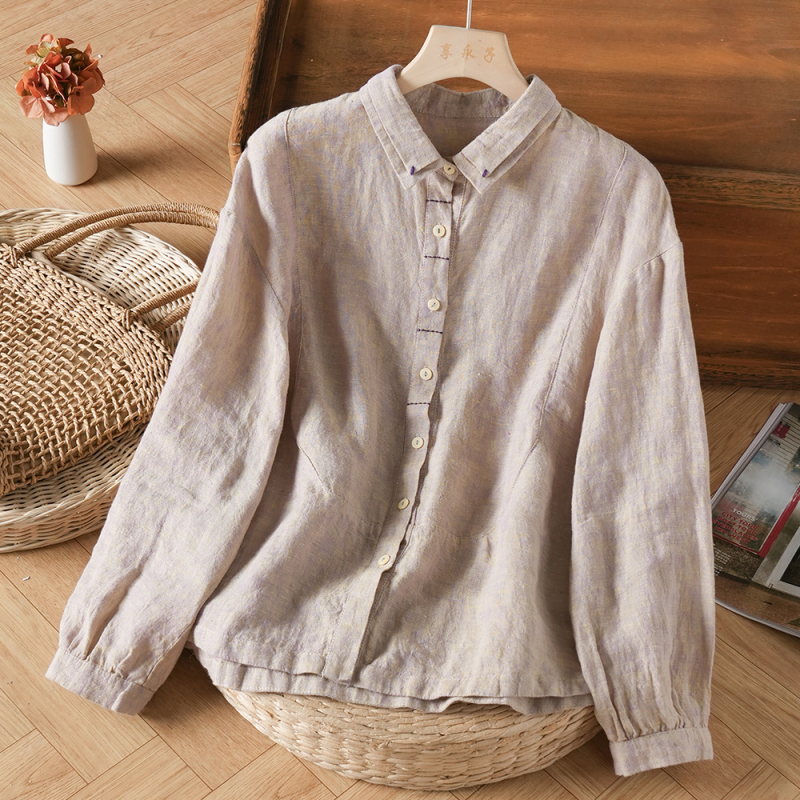 Xiangyongzi [Pavilion in the Rain] 36-Color Woven Hemp Long-Sleeve Shirt, Artistic Retro Swallowtail Collar Top for Spring and Summer