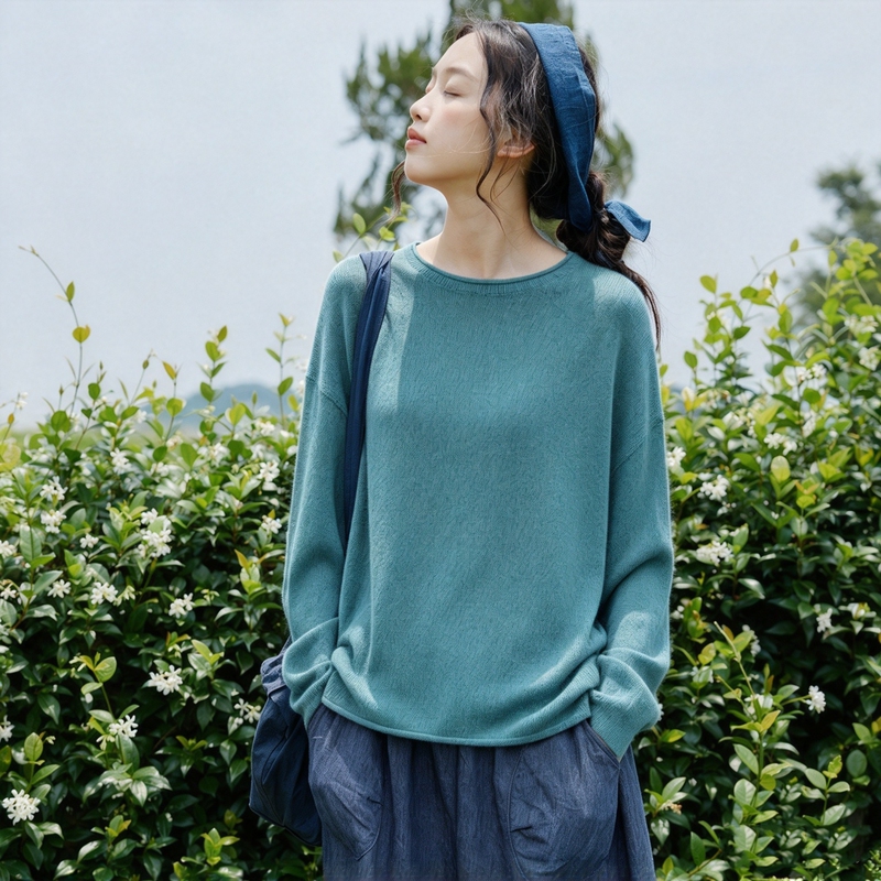 Xiangyongzi【Asakusa Breeze】Hemp Cotton Round Neck Knit Sweater for Women, Loose Casual Artistic Long-Sleeve Blouse for Autumn Xiangyongzi【Asakusa Breeze】Hemp Cotton Round Neck Knit Sweater for Women, Loose Casual Artistic Long-Sleeve Blouse for Autumn