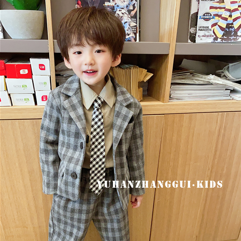 Children's clothing boys autumn plaid Korean version of casual suits British style handsome flower children's dress children's small suit set