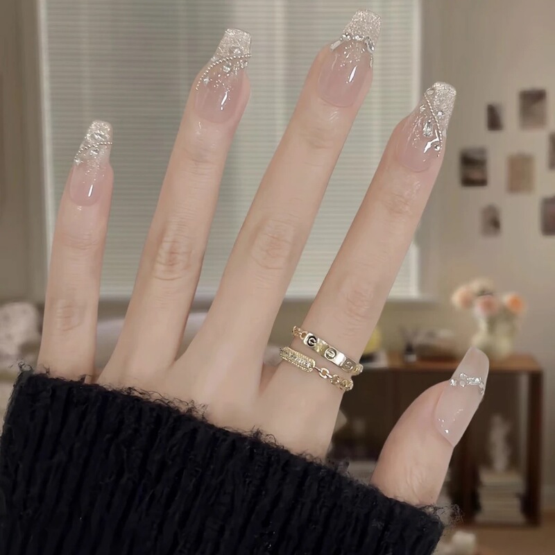 [Summer Galaxy] Purely Handmade Elegant, Pure Desire, Sparkling Pole Trapezoidal Nude Color, Ice-Transparent Wearable Super Flash Manicure