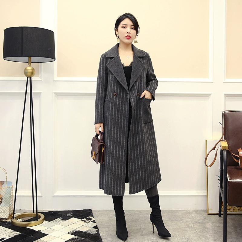 282318 chống mùa 2018 mới của Hàn Quốc phiên bản của sọc dài tay hai mặt cashmere áo phụ nữ phần dài áo áo jacket nữ