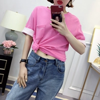 Áo thun 7682 mùa hè phiên bản mới của Hàn Quốc có màu tương phản đơn giản, cổ tròn bạn gái ăn mặc màu sắc kẹo mềm áo phông trơn