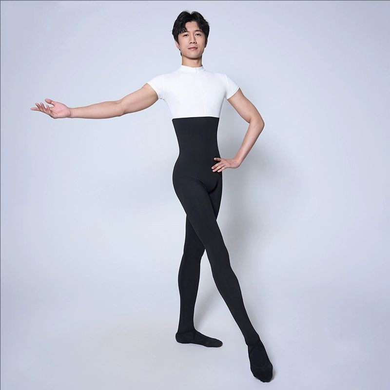 Ballet Dancewear for Men, Tight-Fitting One-Piece Footed Leotard, Training and Performance Short-Sleeve Practice Top with Stand-Up Collar and Zipper Ballet Dancewear for Men, Tight-Fitting One-Piece Footed Leotard, Training and Performance Short-Sleeve Practice Top with Stand-Up Collar and Zipper
