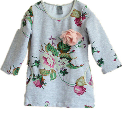 Middle and small children's Korean spring clothes new temperament long-sleeved gray flower dress cotton casual tops bottoming shirts T-shirt skirts