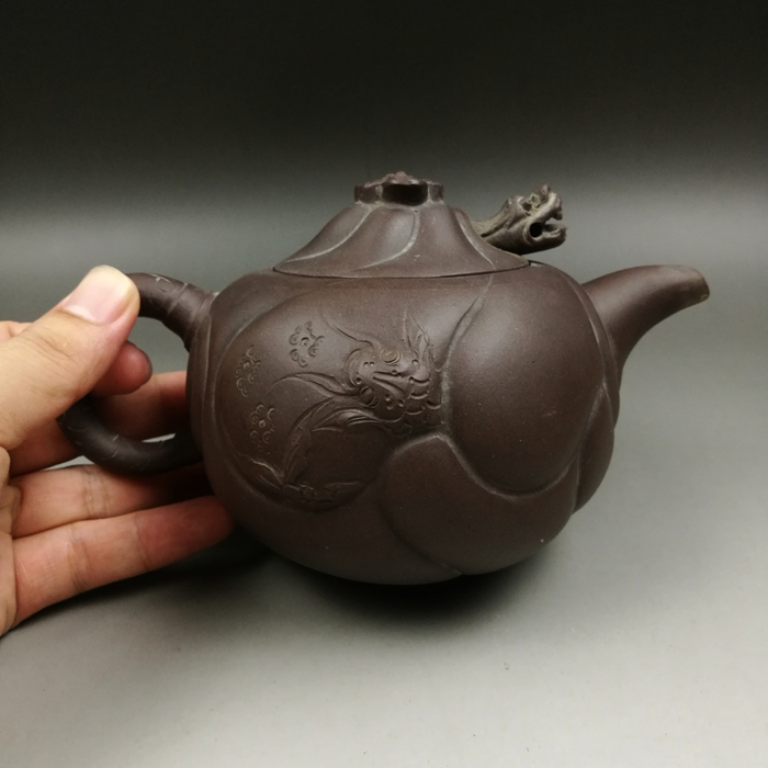 中国古玩　辰砂釉　小壺 意中砂老壶紫砂一厂80年代荆溪石制款中号鱼化龙壶430CC-淘宝网