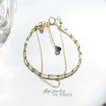 Green fiber line natural very fine green tourmaline raw ore 14K gold injection double layer shining niche design temperament ins bracelet