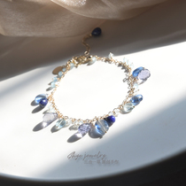 Heavy blue three-in-one grass natural blue crystal lapis lazuli sea blue treasure 14K gold heavy industry flower ins niche bracelet