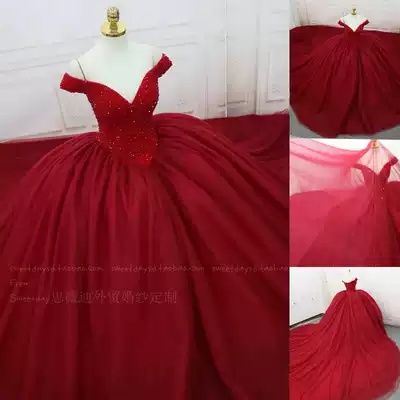 Slim red shoulder Bride wedding dress 2021 Court pregnant women Large size big tailing ceremony go out wedding dress customization